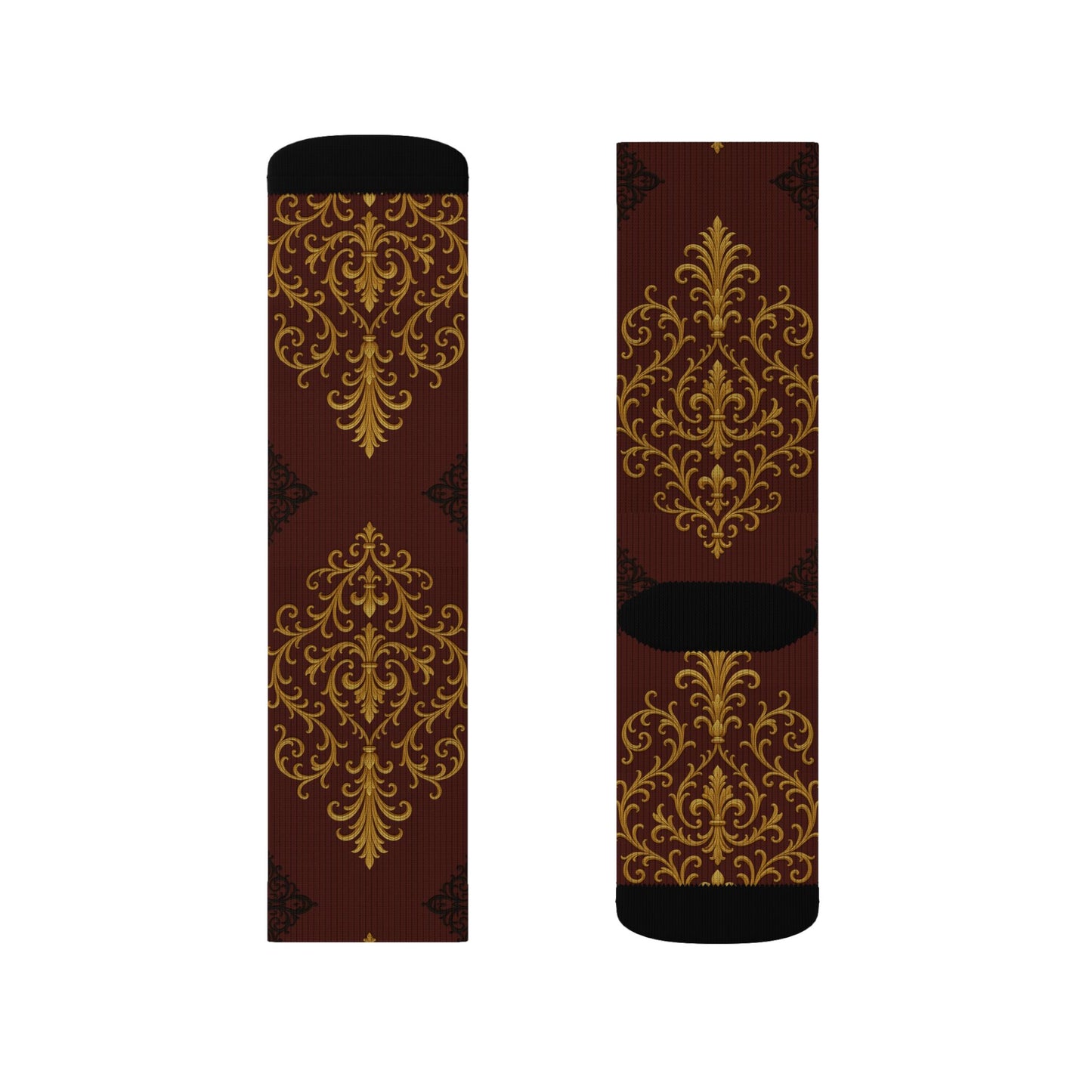 Dusk Burgundy-Black & Gold Baroque Sublimation Socks — Vintage Baroque Patterned Crew Socks