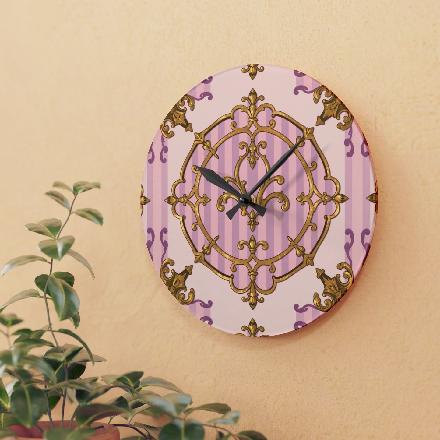 Elegant Vintage Lavender & Alabaster Striped Gold Baroque Acrylic Wall Clock, Chic Wall Art, Gift for Her, Stylish Living Room Accessory