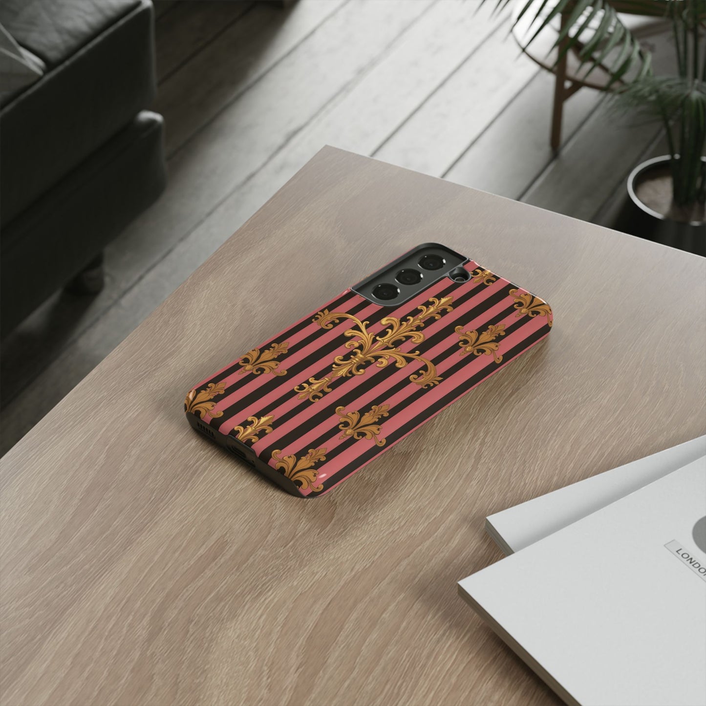 Elegant Floral Motif Phone Case - Tough Cases with Vintage Design - Mauve Striped Gold Damask