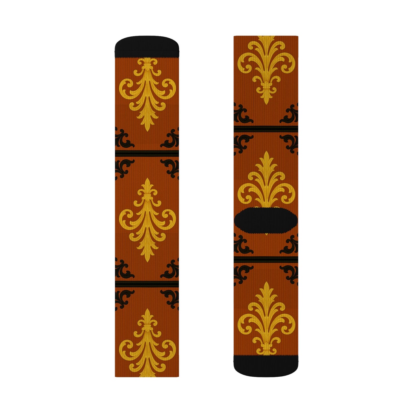 Dusk Terracotta Baroque Sublimation Socks — Vintage Terracotta & Gold Patterned Crew Socks