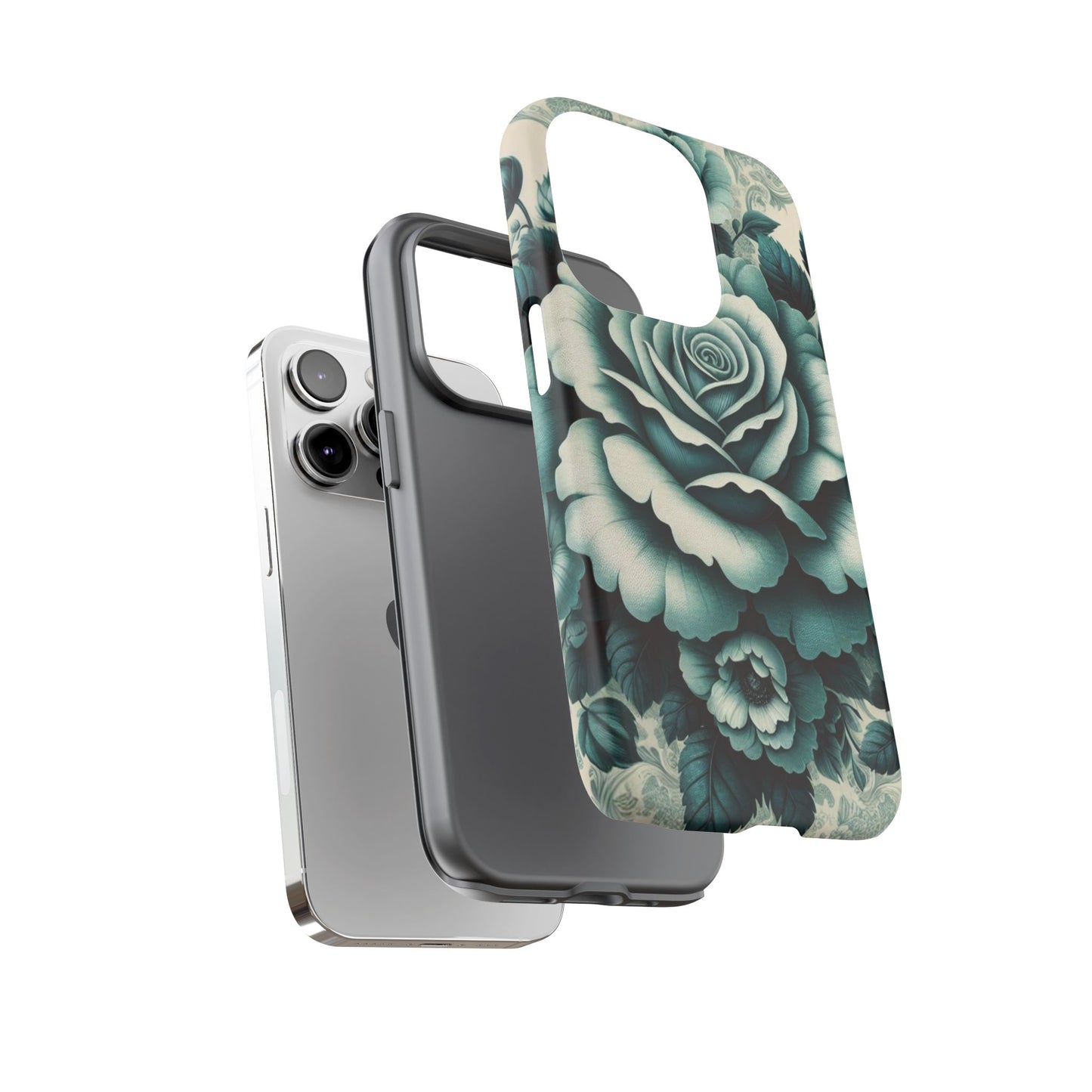 Elegant Floral Motif Phone Case - Tough Cases with Vintage Design - Teal Roses & Damask