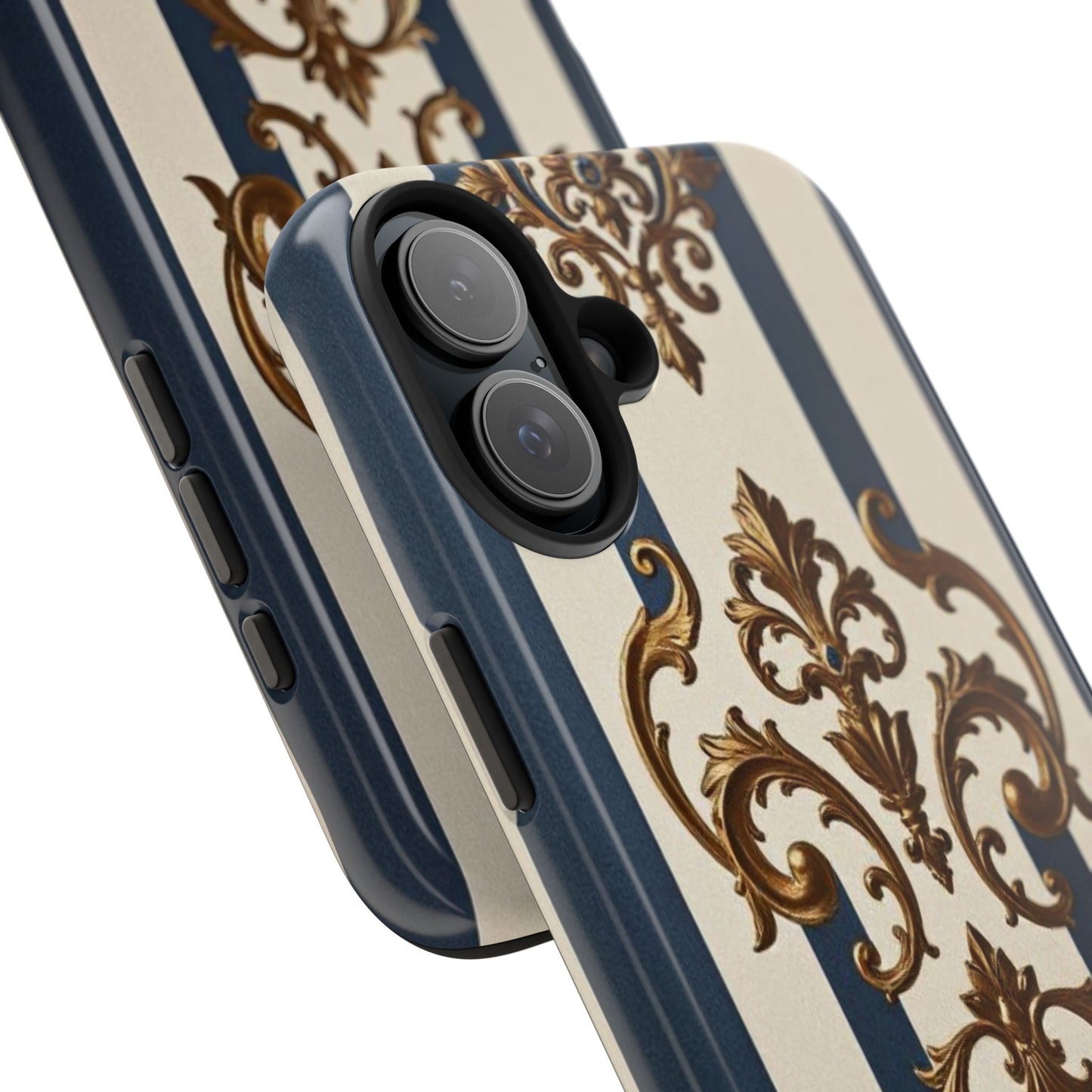 Damask Tough Phone Case - Alabaster & Blue Striped Damask