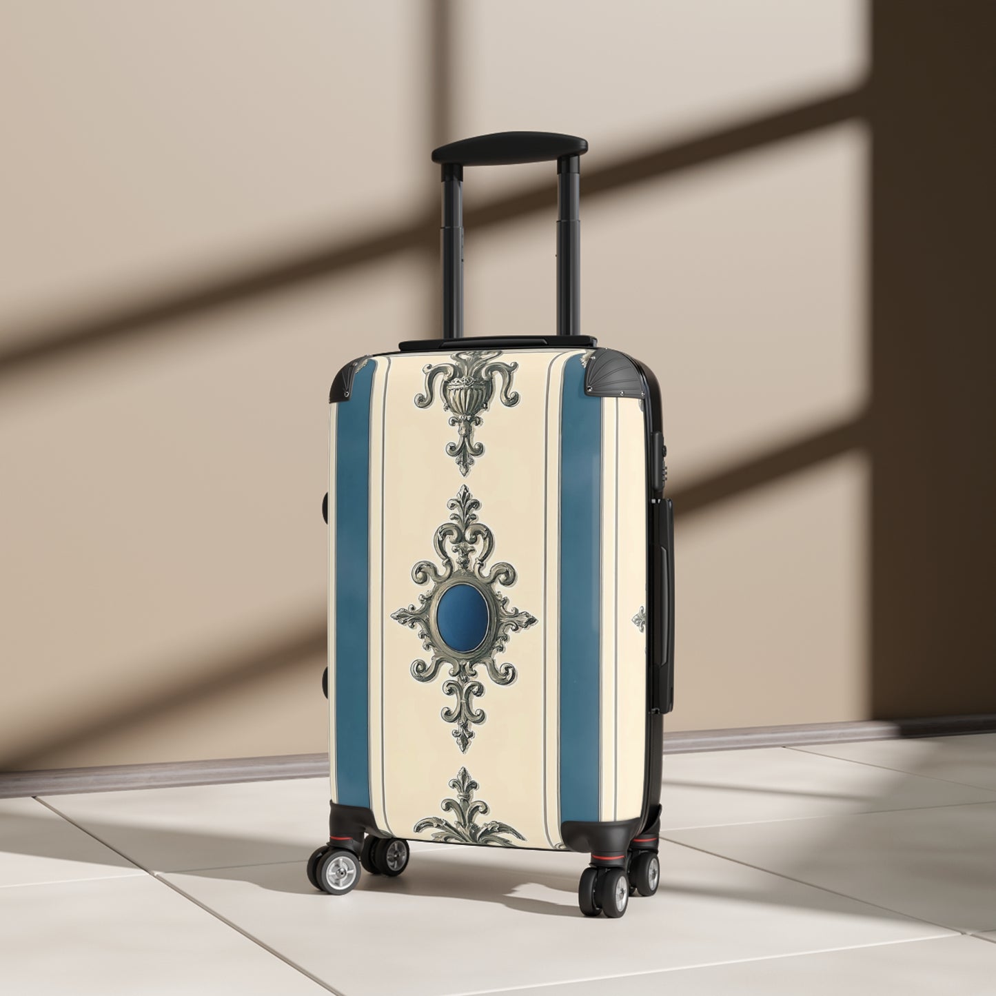 Elegant Vintage Style Suitcase for Travel - Alabaster & Ocean Blue Baroque