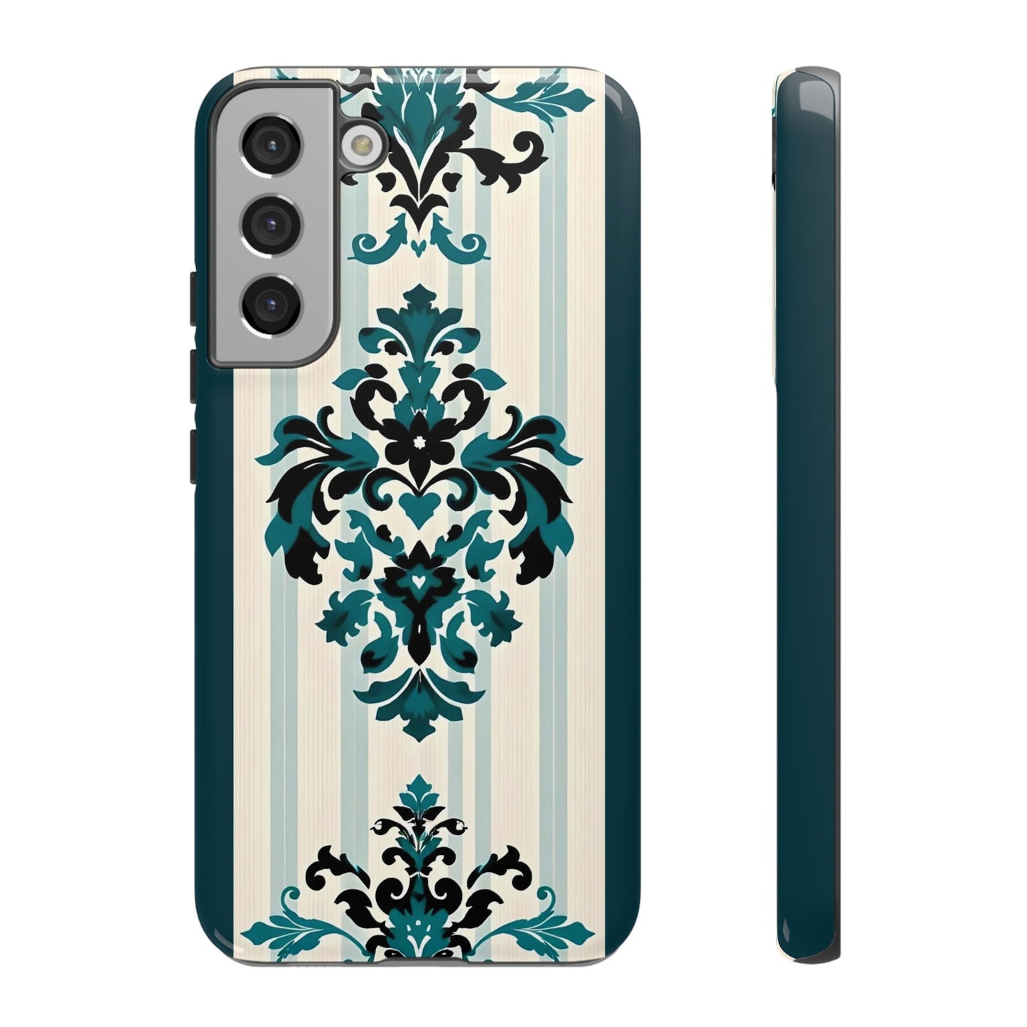 Elegant Floral Phone Case - Tough Cases with Vintage Design - Teal Striped Damask