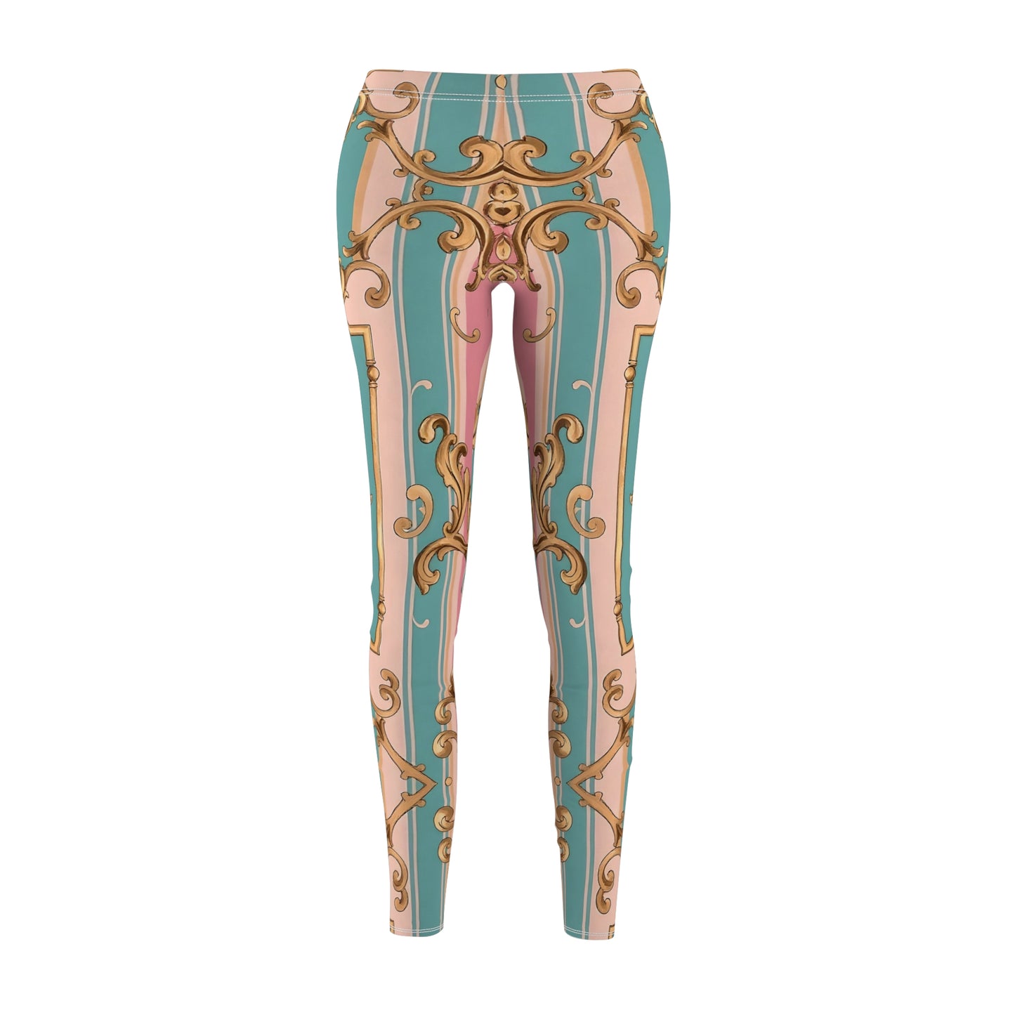 Elegant Floral Pattern Women's Casual Leggings, Chic Workout Leggings, Fashionable Athleisure - Pink & Matte Turquoise Striped Rococo