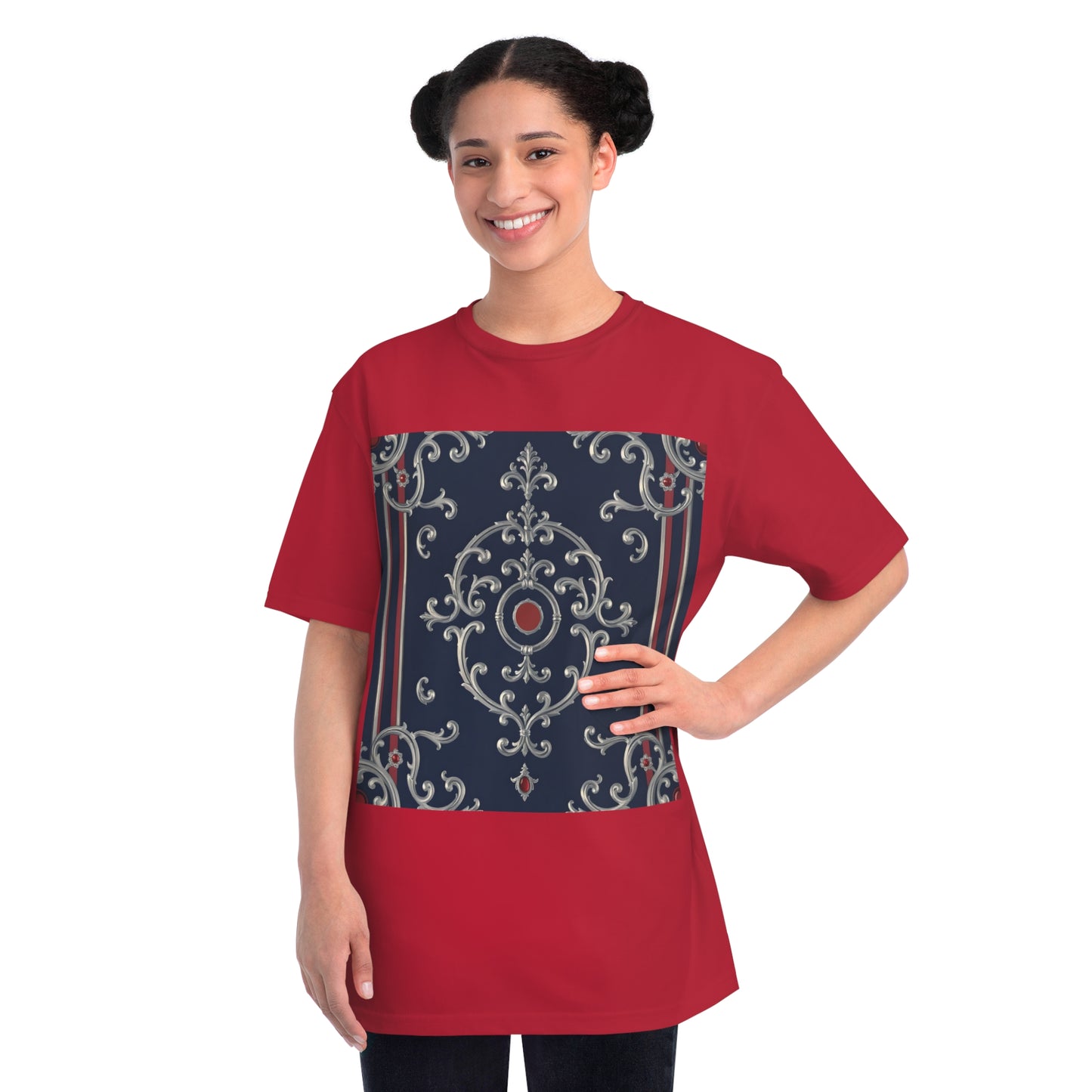 Vintage Pattern Organic Unisex T-Shirt | Baroque Style Tee, Casual Wear, Unique Gift, Eco-Friendly Fashion - Blue & Red Striped Silver Baroque