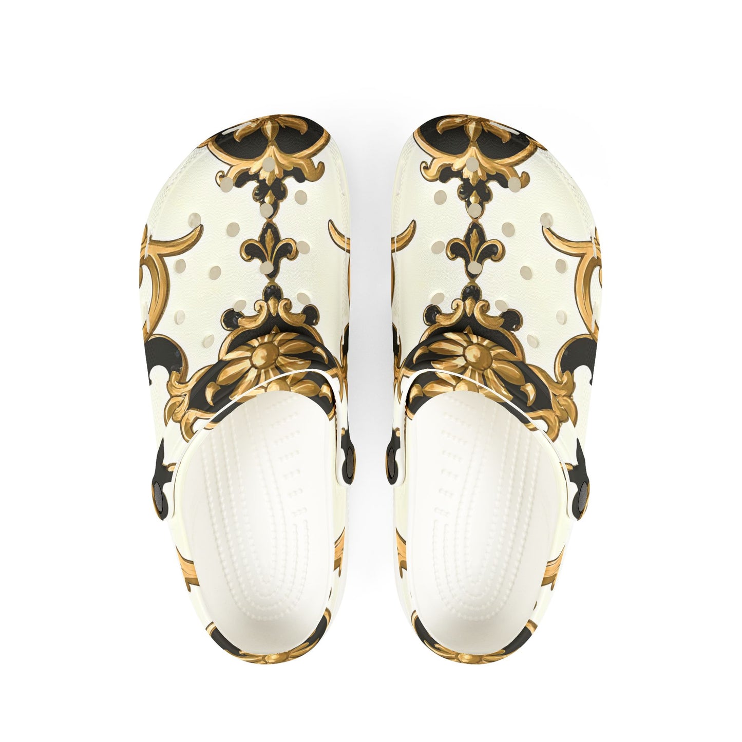 Elegant AOP EVA Foam Rubber Shoes - Stylish Comfort for Home & Outdoors, Trendy Clogs for Fashion Lovers - Black & Gold Rococo