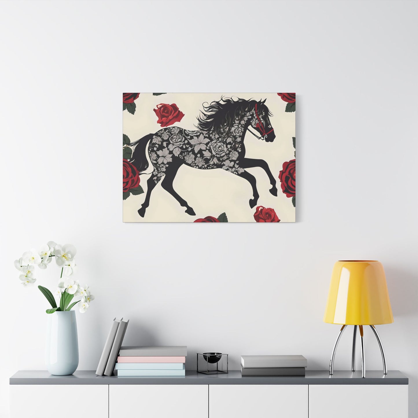 Art Print Canvas, Wall Decor, Satin Stretched Canvas, Equestrian Art, Office Decor, Home Decor - Horse & Roses