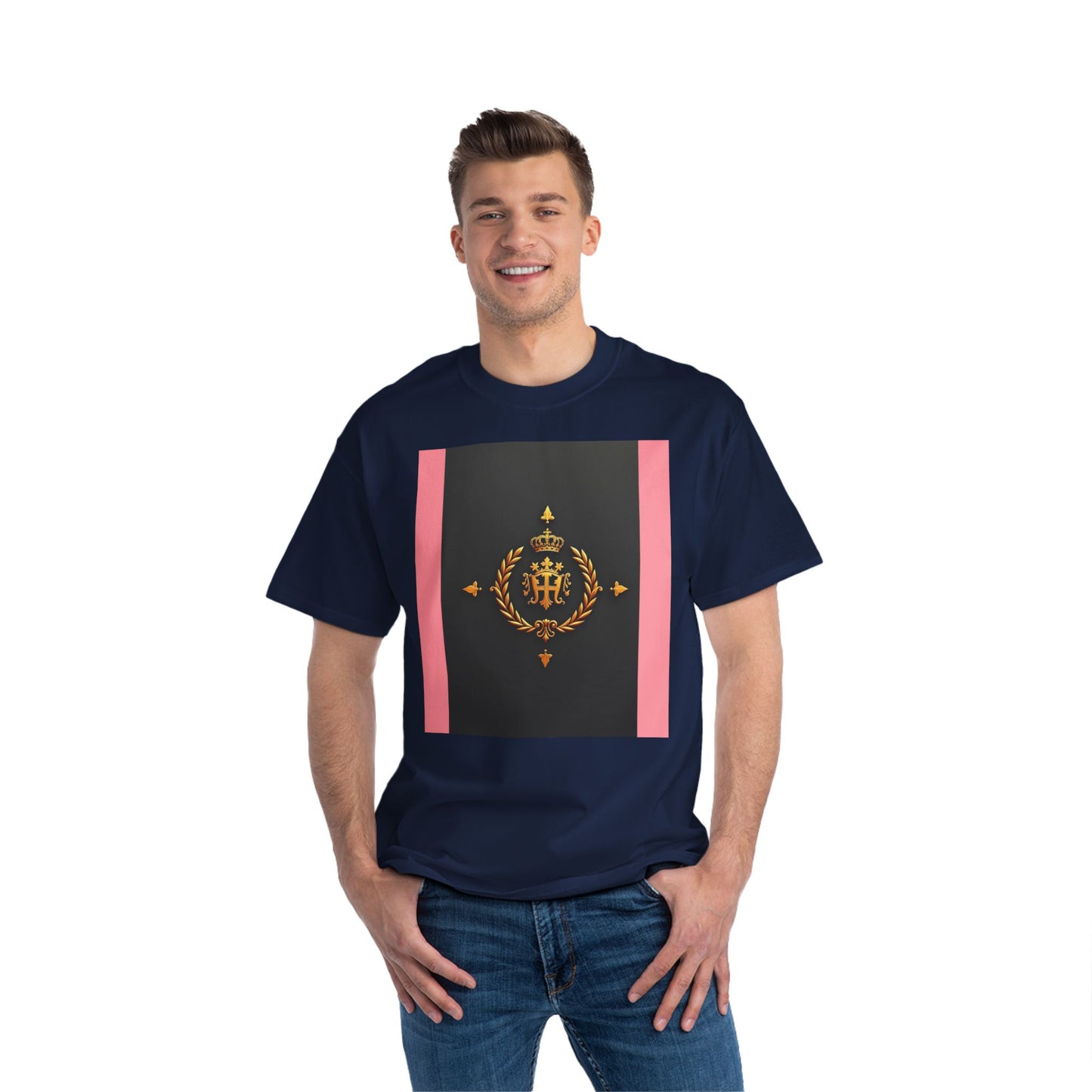 Short-Sleeve Graphic T-Shirt, Stylish Casual Wear, Trendy Gift for Friends, Summer Fashion, Statement Tee, Everyday Comfort - Pink Striped Gold Crest