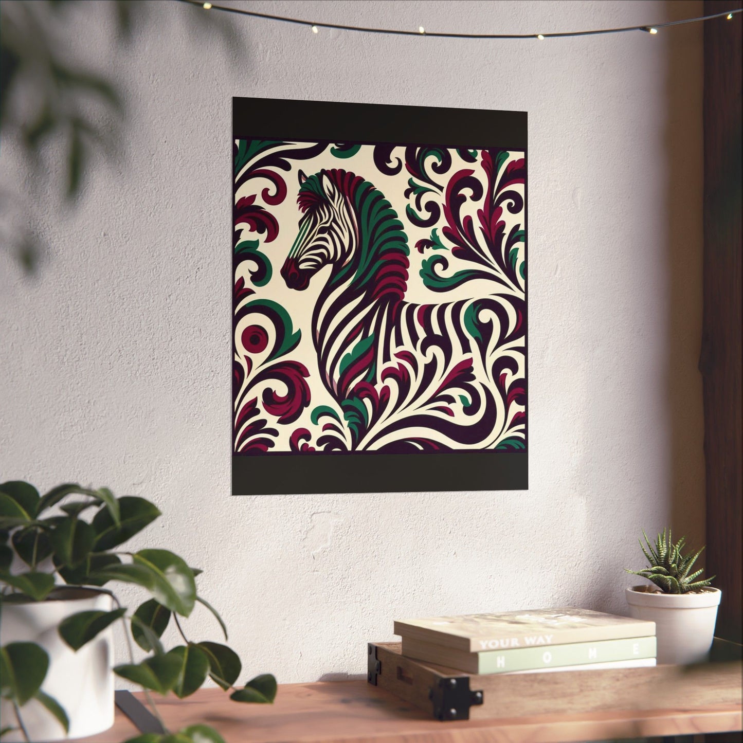 Floral Art Poster - Elegant Matte Vertical Wall Decor - Burgundy & Green Zebra Damask Design