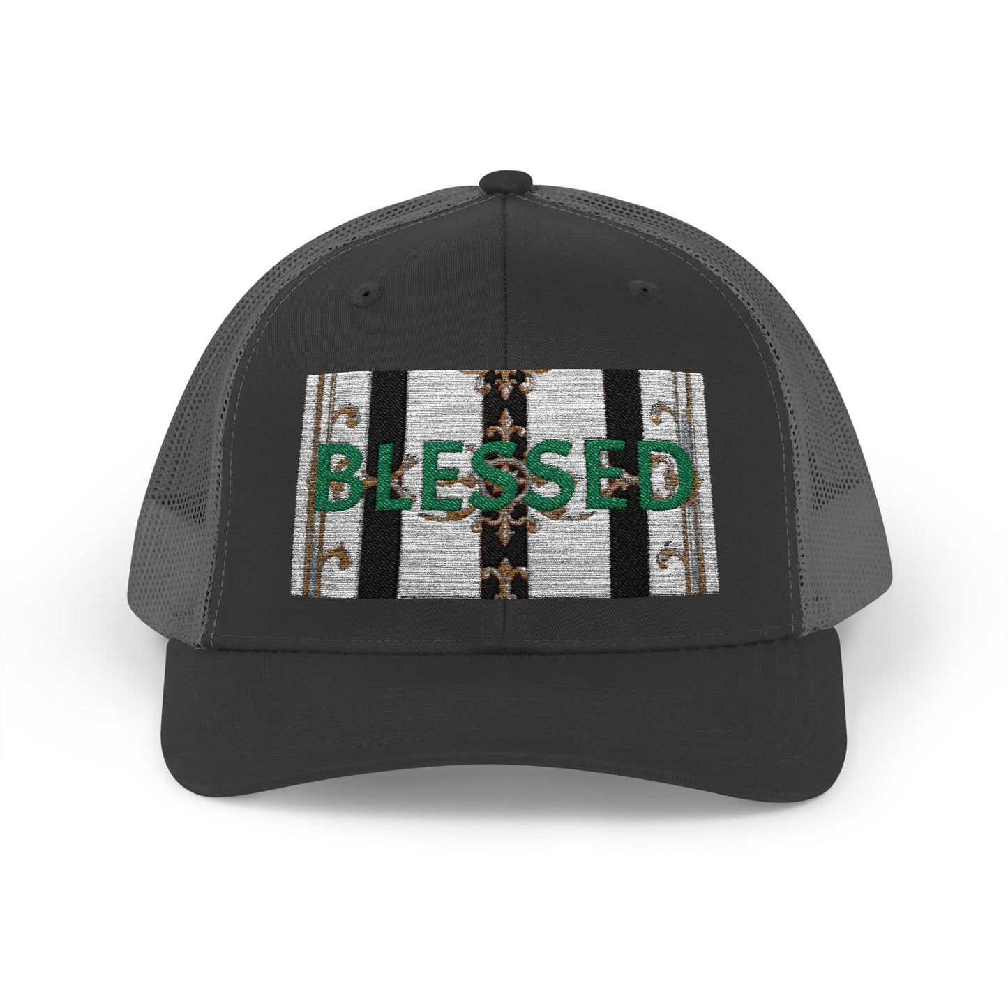 Blessed Snapback Trucker Cap | Casual Style, Outdoor Gear, Faith-Based Gift, Adjustable Hat, Everyday Fashion - Black & White Striped Gold Baroque