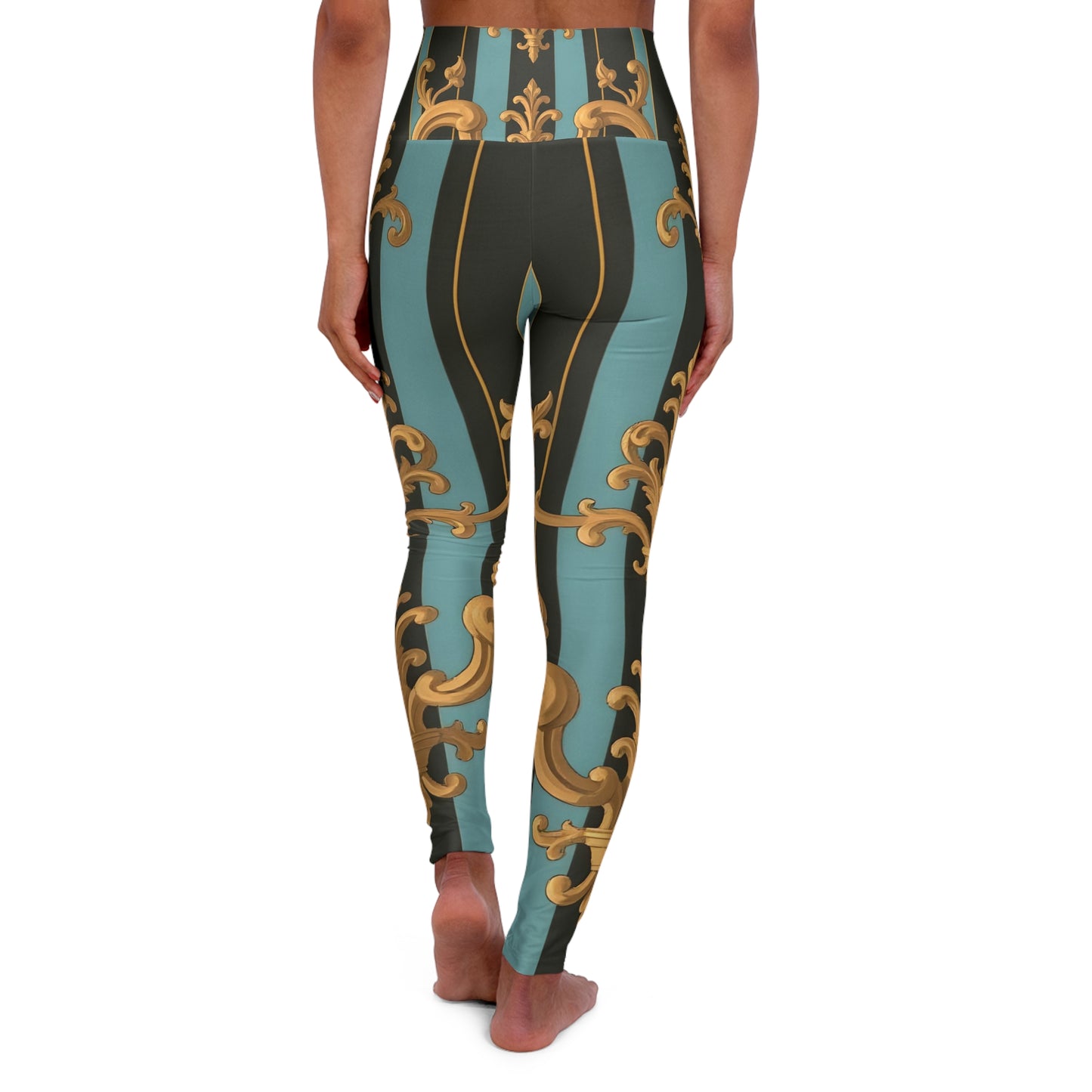 Elegant High Waisted Yoga Leggings, Activewear for Yoga and Pilates, Stylish Workout Pants - Black & Turquoise Striped Baroque