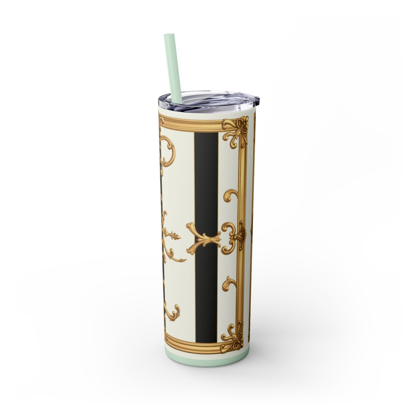 Elegant Gold Accents Skinny Tumbler, 20oz - Stylish Drinkware for Weddings, Parties, Gifts, or Everyday Use - Black & White Striped Gold Baroque