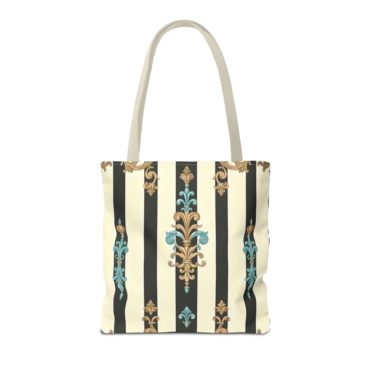 Elegant Stripe Pattern Tote Bag | Fashionable Reusable Shopping Tote, Eco-Friendly Gift Bag - Black Striped Turquoise & Black Rococo