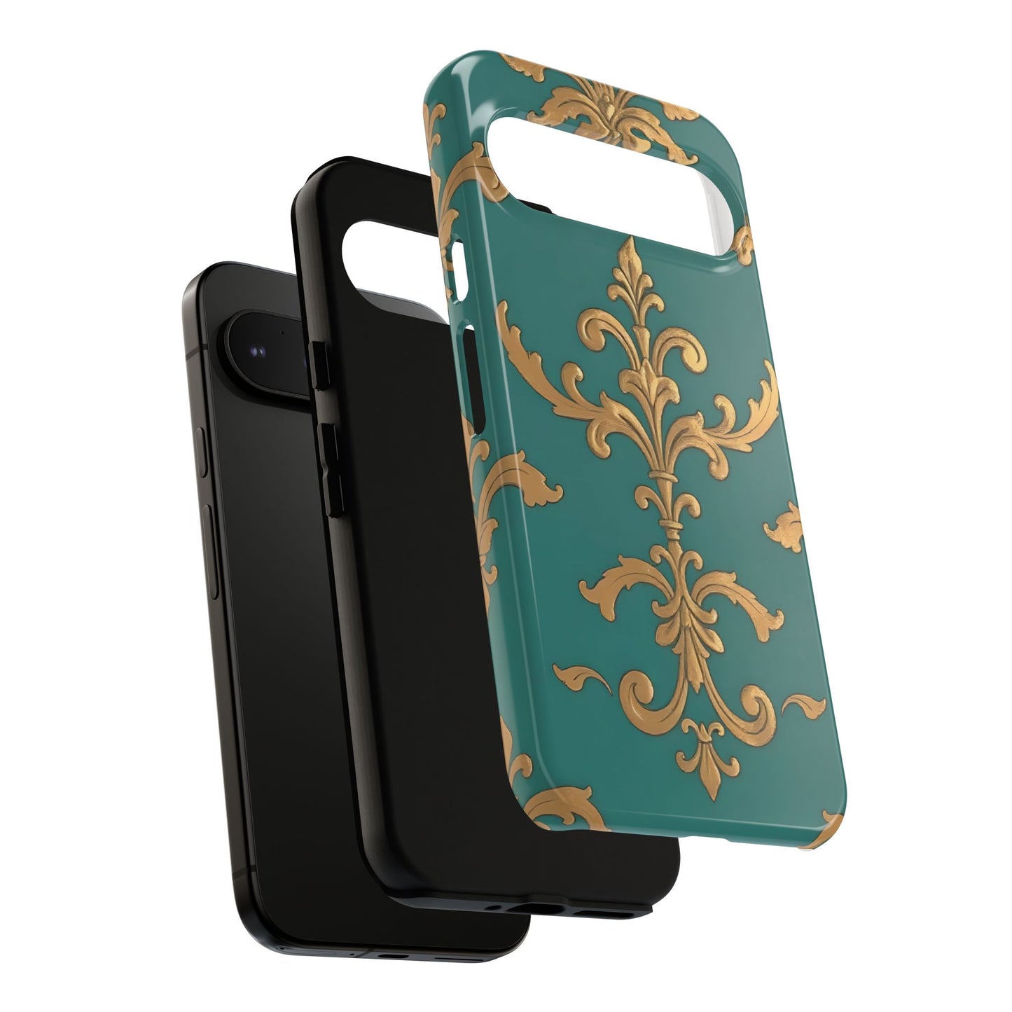 Elegant Floral Motif Phone Case - Tough Cases with Vintage Design - Aqua & Gold Damask