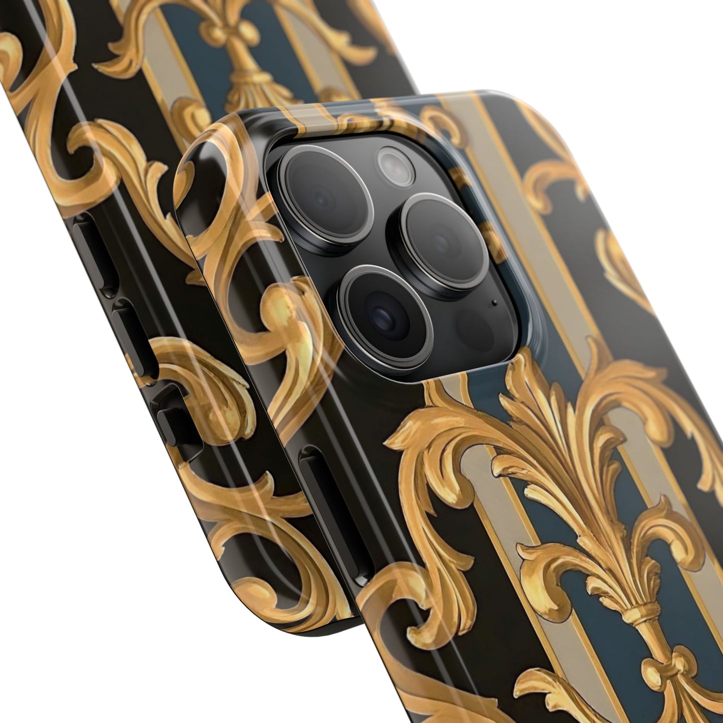 Elegant Rococo Phone Cases, Tough iPhone Case, Floral Design Case, Luxury Phone Cover - Blue & Black Striped Rococo