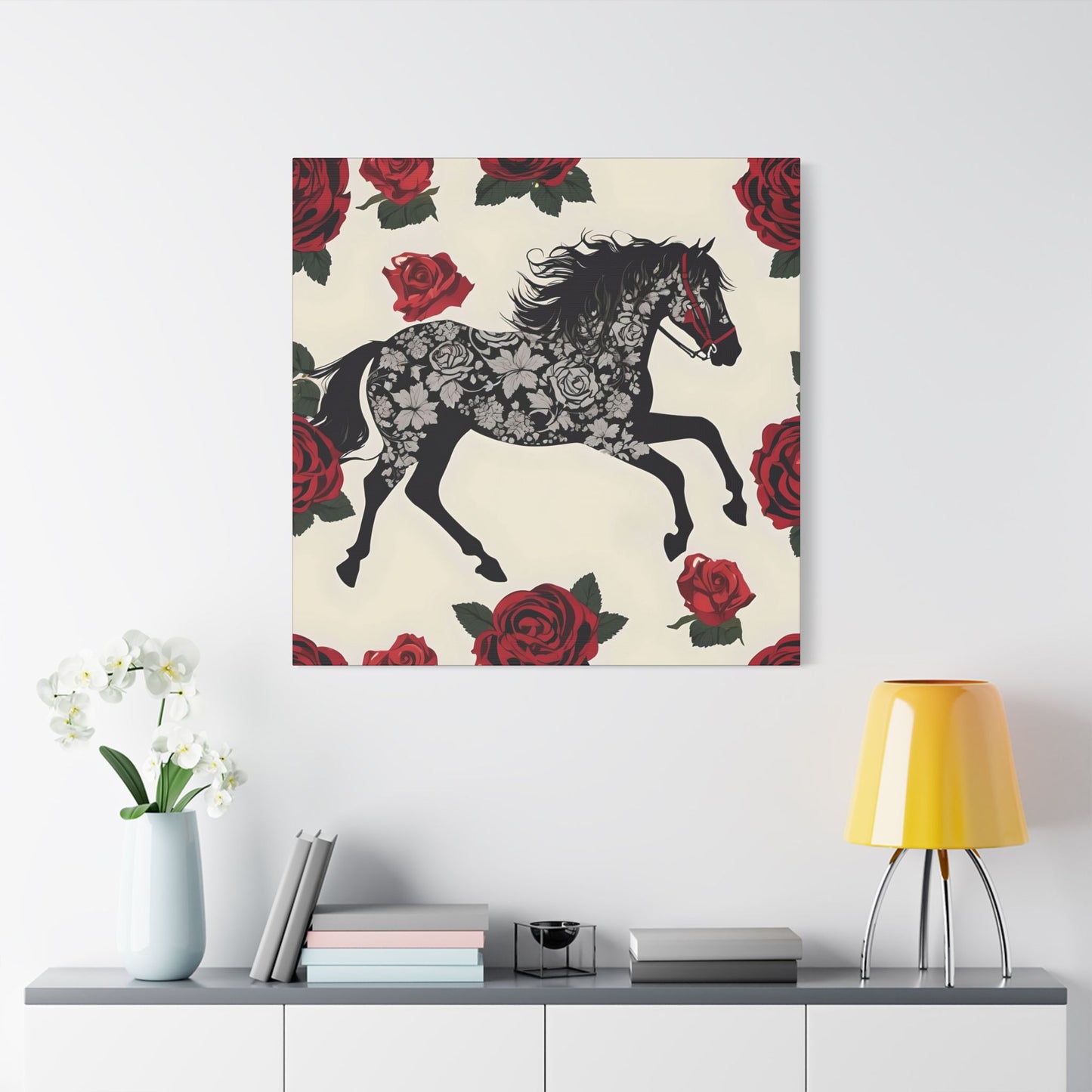 Art Print Canvas, Wall Decor, Satin Stretched Canvas, Equestrian Art, Office Decor, Home Decor - Horse & Roses