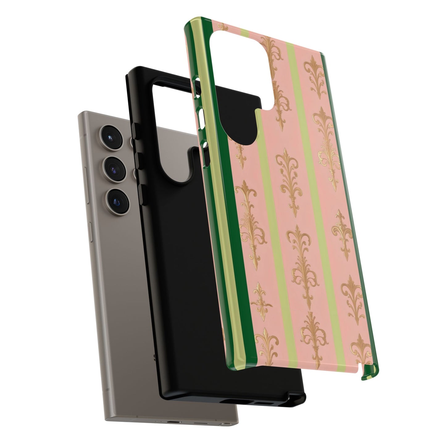 Elegant Floral Motif Phone Case - Tough Cases with Vintage Design - Lime Green & Pink Striped Damask