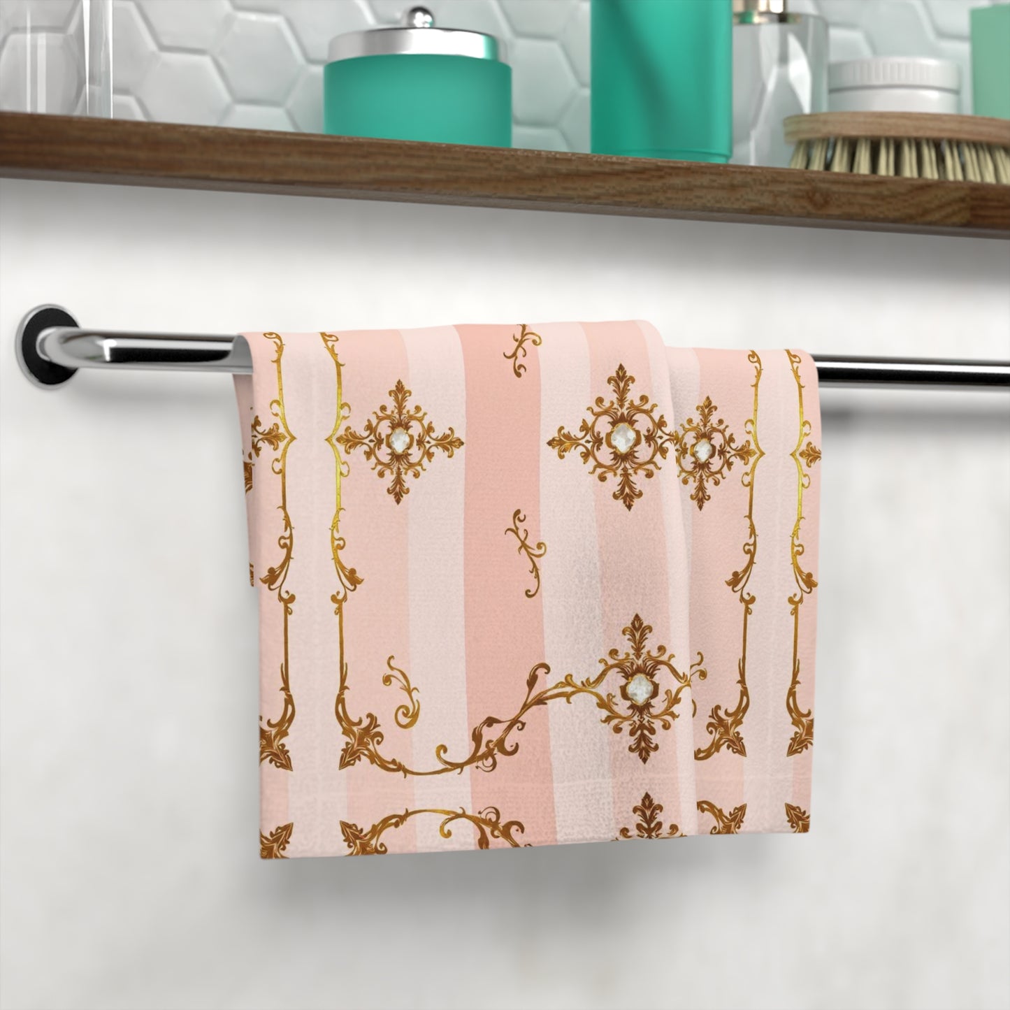 Elegant Vintage Pink Jeweled Face Towel with Gold Baroque Design