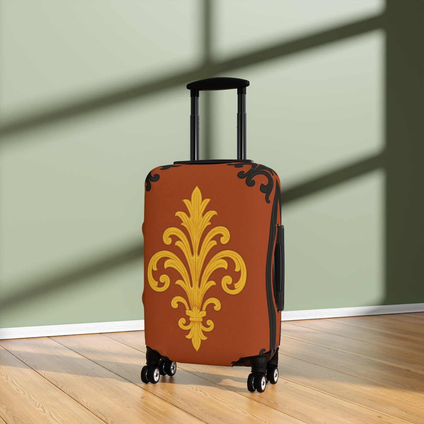 Dusk Terracotta Baroque - Vintage Gold Baroque Design Luggage Cover — Elegant Golden Scroll Travel Protector