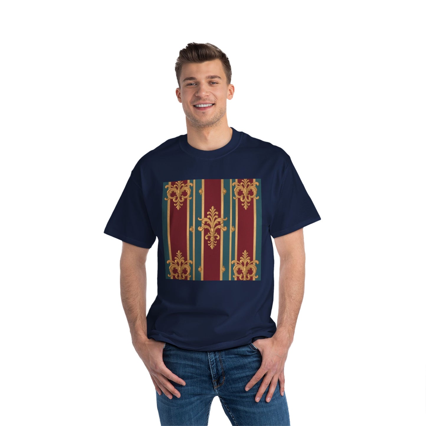 Elegant Vintage Patterned Beefy-T® Short-Sleeve T-Shirt | Casual Wear, Summer Tops, Unique Gift - Burgundy Striped Gold Baroque