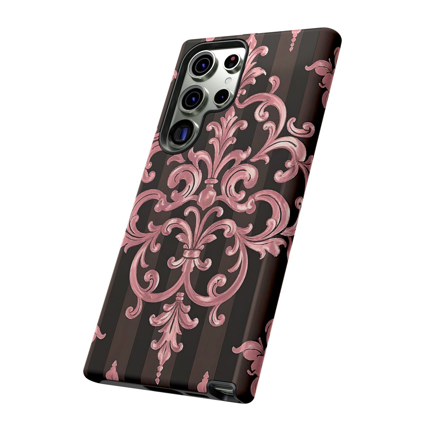 Elegant Floral Motif Phone Case - Tough Cases with Vintage Design - Brown Striped Mauve Damask