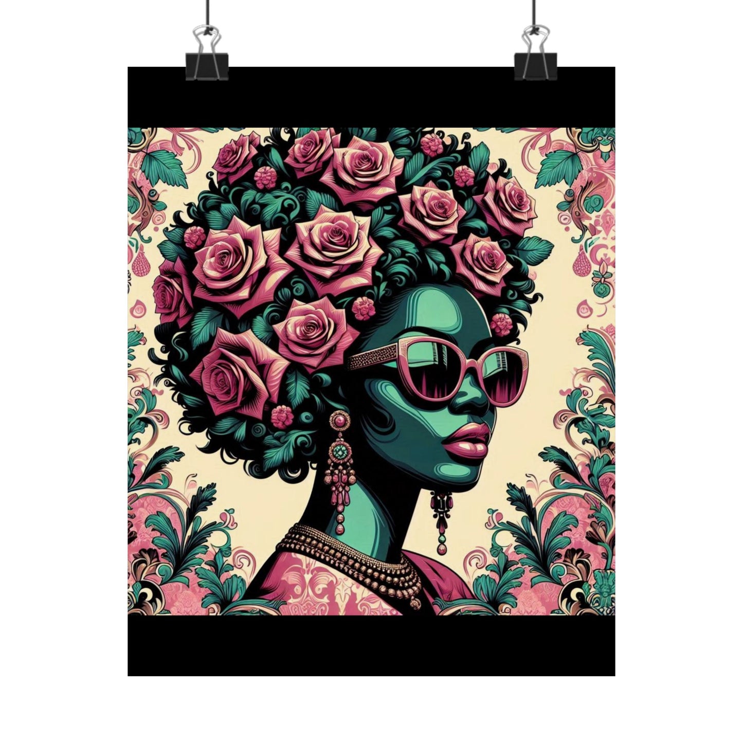 Floral Afro Art Poster - Elegant Matte Vertical Wall Decor - Teal Lady With Damask & Roses