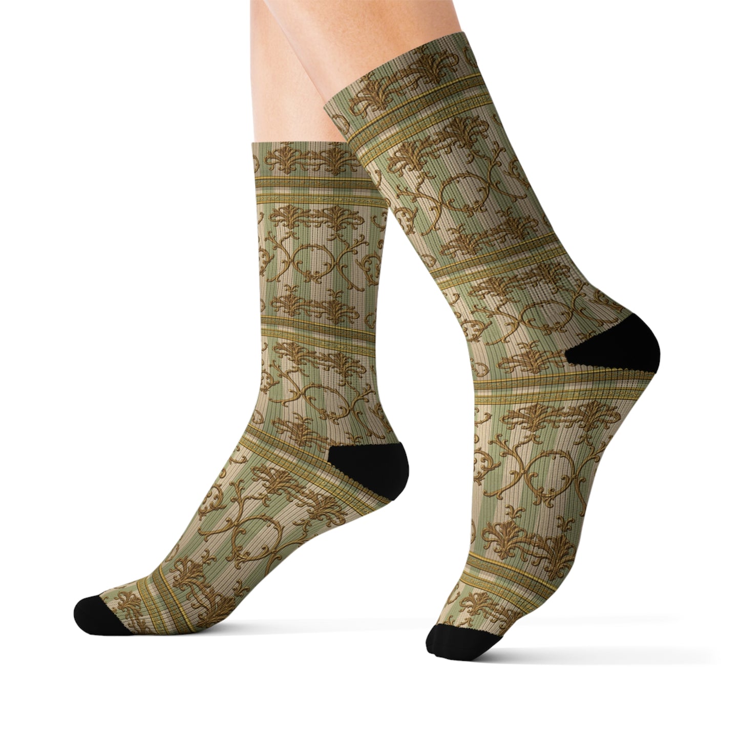 Elegant Vintage Pattern Sublimation Socks | Unisex | Perfect for Holidays, Birthdays, and Everyday Wear - Mint & Beige Striped Gold Baroque