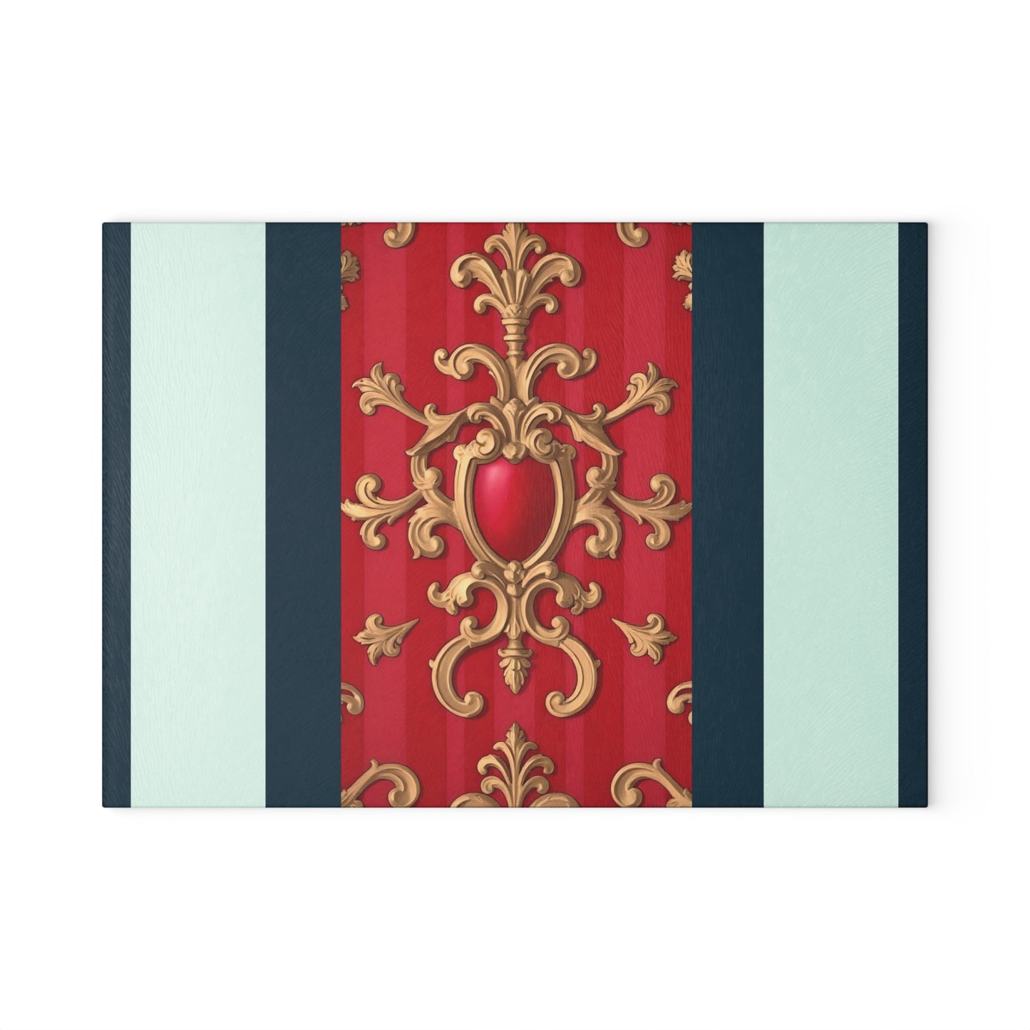 Elegant Decorative Glass Cutting Board, Kitchen Gifts, Home Decor, Cooking Accessories, Wedding Registry - Blue, Red & White Striped Baroque
