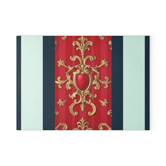 Elegant Decorative Glass Cutting Board, Kitchen Gifts, Home Decor, Cooking Accessories, Wedding Registry - Blue, Red & White Striped Baroque