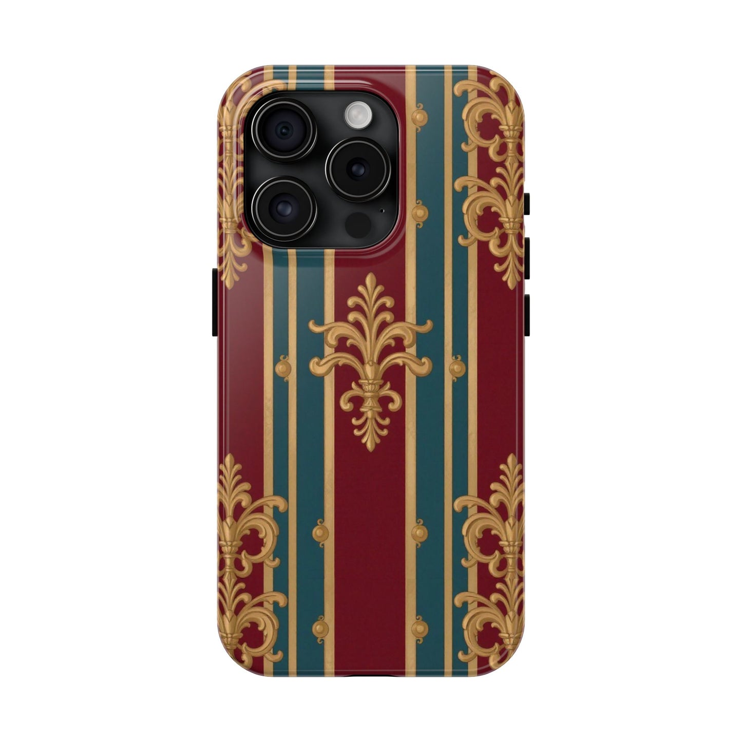 Elegant Vintage Tough Phone Case, Luxury Phone Protection, Stylish Phone Cover, Durable Phone Accessory - Burgundy Striped Gold Baroque