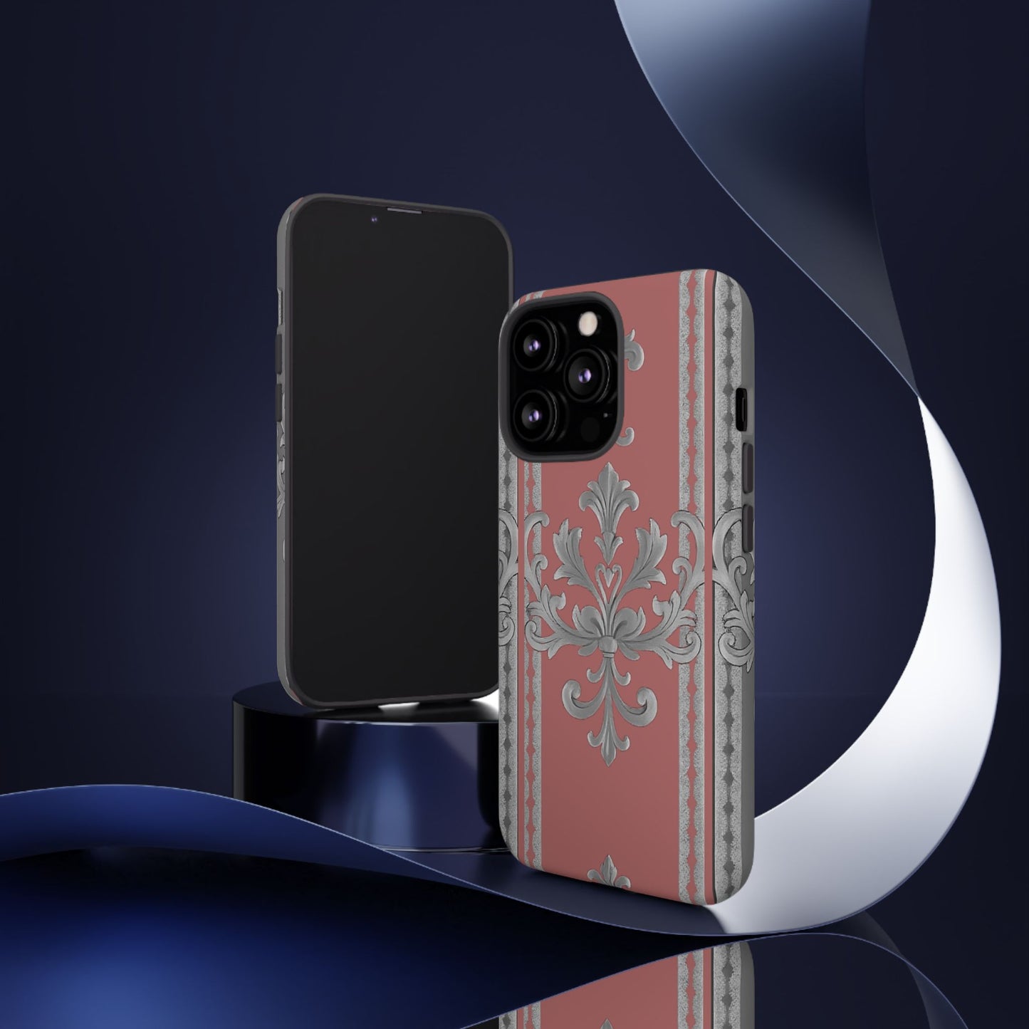 Elegant Floral Phone Case - Tough Cases for Stylish Protection - Gray & Mauve Striped Baroque