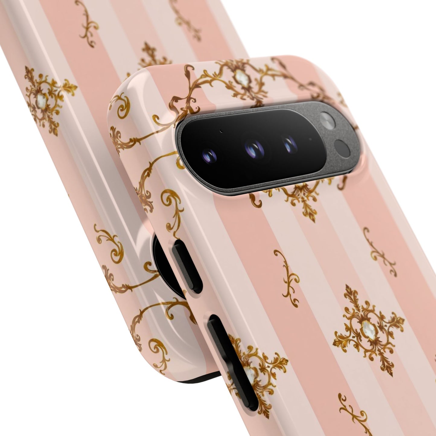 Elegant Floral Phone Case, Tough Cases for Women, Trendy Phone Cover, Chic Gift - Pink Jeweled Striped Gold Baroque