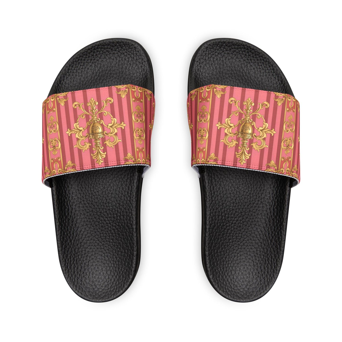 Chic Women's Removable-Strap Slides, Trendy Summer Footwear, Vacation Must-Have, Beach Sandals - Pink Striped Gold Baroque