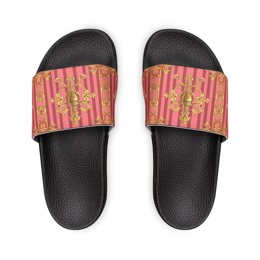 Chic Women's Removable-Strap Slides, Trendy Summer Footwear, Vacation Must-Have, Beach Sandals - Pink Striped Gold Baroque