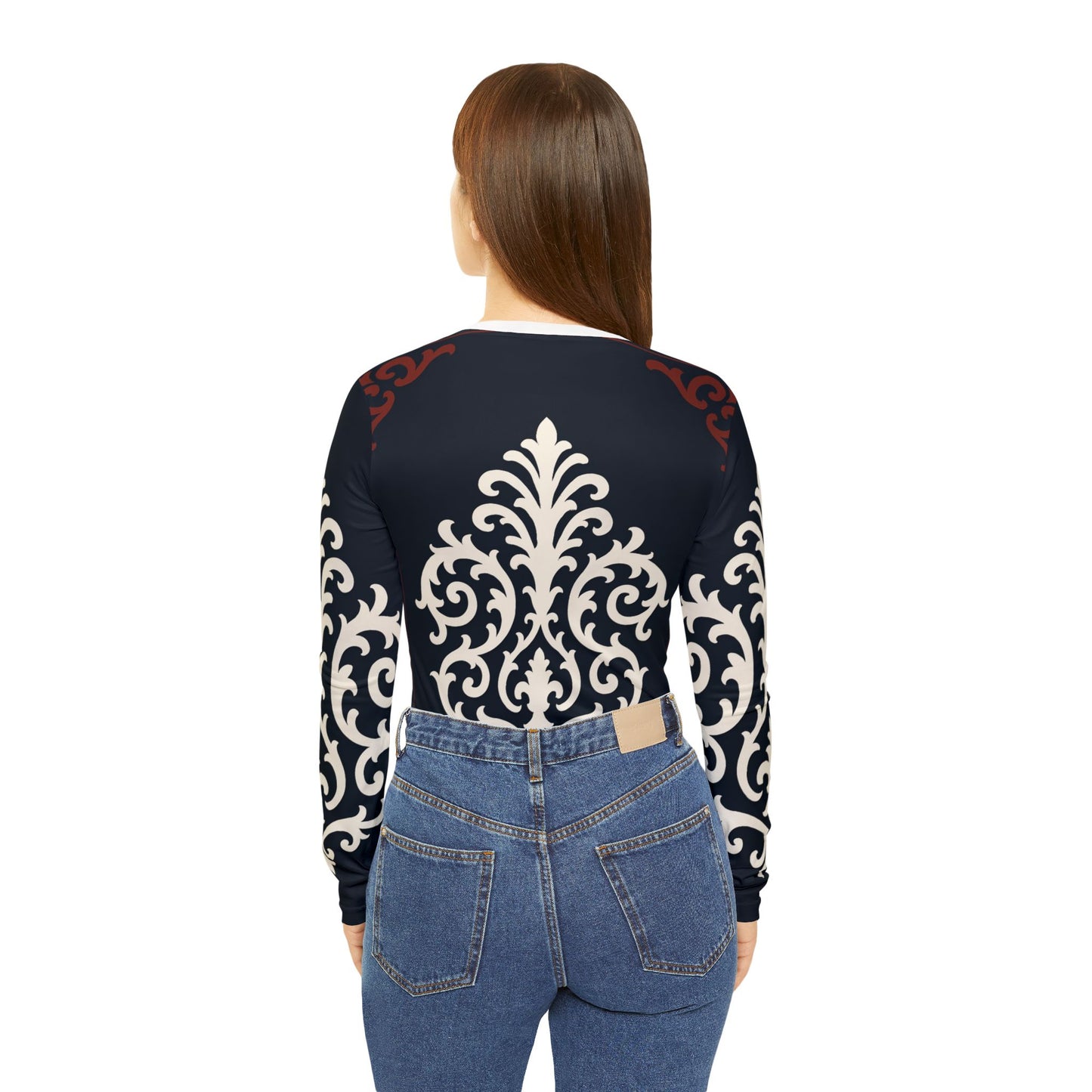 Dusk Blue & Maroon-White Baroque V-Neck Long Sleeve — Elegant Women's Patterned Top