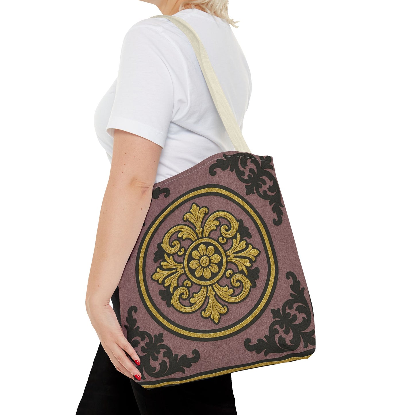 Elegant Gilded Mauve With Gold-Black Baroque Print Tote Bag, Reusable Shopping Tote, Gift for Her, Weekend Bag, Eco-Friendly Handbag