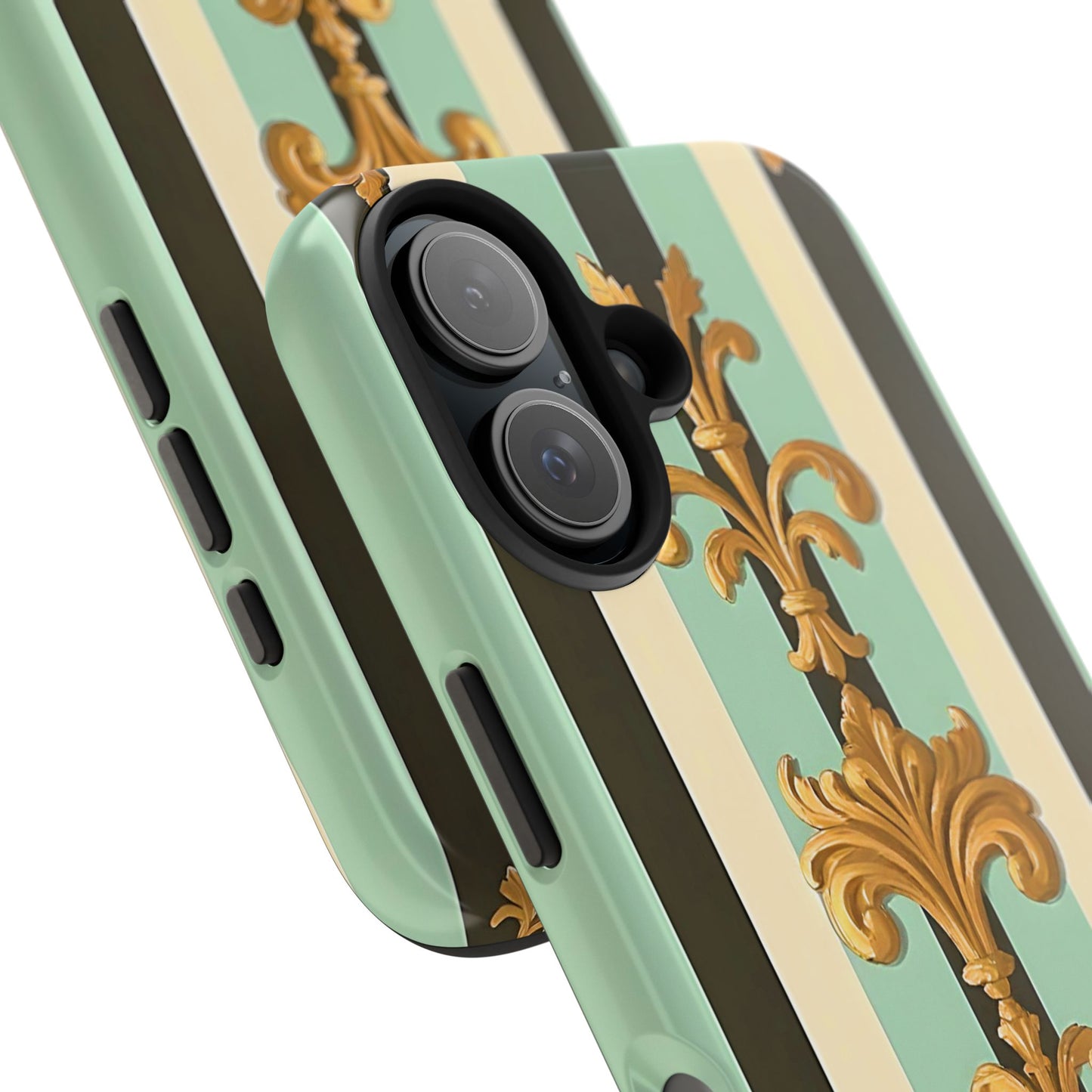 Elegant Floral Tough Phone Cases - Stylish Protection for All Occasions, Gifts for Her, Phone Covers - Black & Matte Mint Striped Rococo