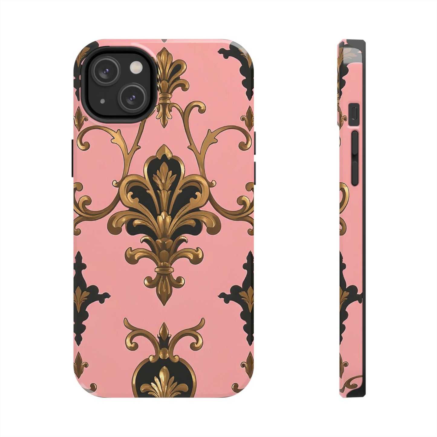 Chic Tough Phone Cases with Floral Design, Elegant Phone Cover, Durable Smartphone Case, Stylish Tech Accessory - Pink, Black & Gold Rococo