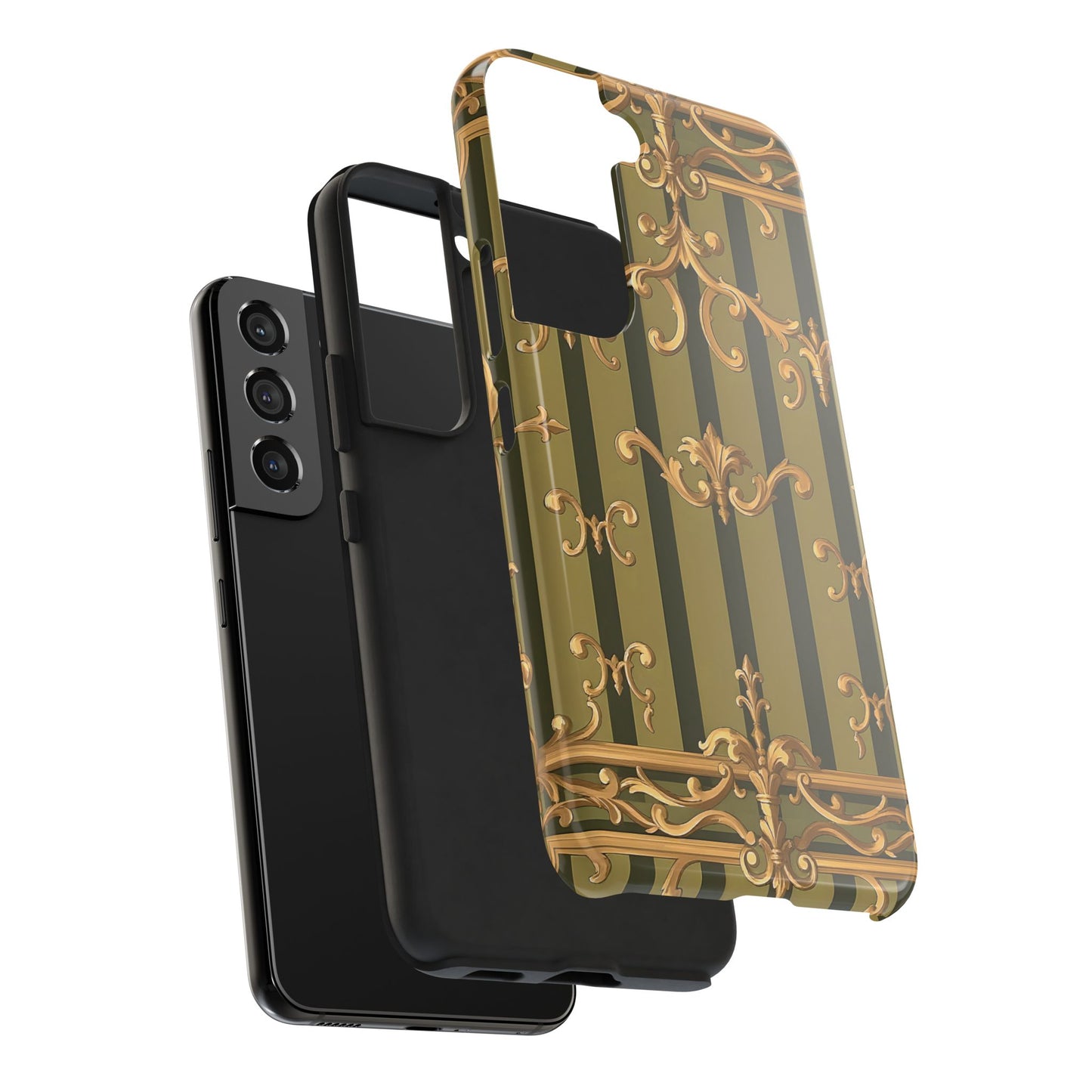 Elegant Vintage Phone Case - Tough Protection with Classy Design, Stylish Phone Cover for Fashion Lovers - Olive Green Striped Rococo