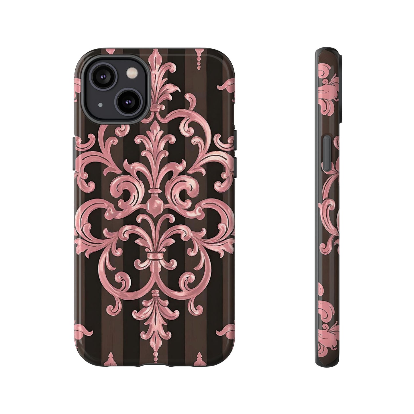 Elegant Floral Motif Phone Case - Tough Cases with Vintage Design - Brown Striped Mauve Damask