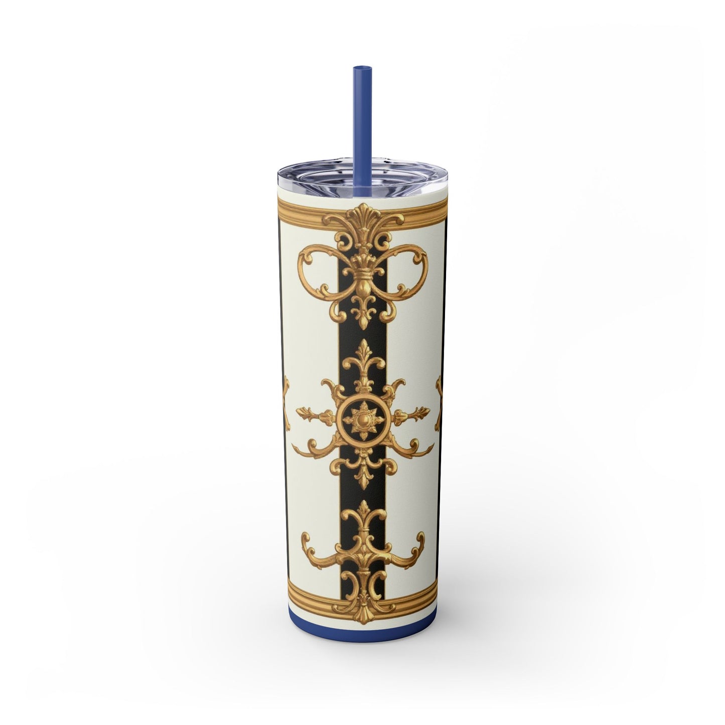 Elegant Gold Accents Skinny Tumbler, 20oz - Stylish Drinkware for Weddings, Parties, Gifts, or Everyday Use - Black & White Striped Gold Baroque