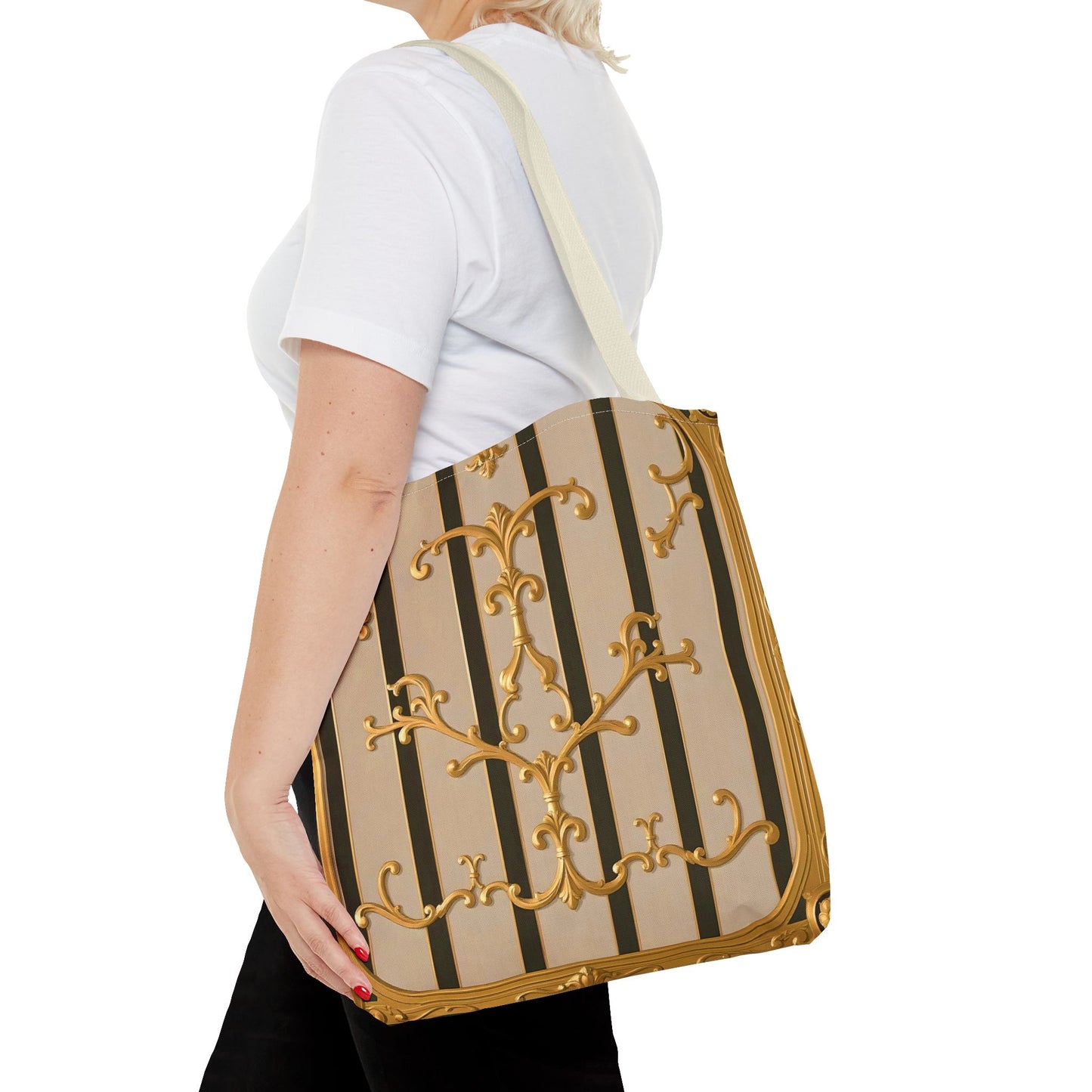 Elegant Gold Pattern Tote Bag - Stylish Carryall for Everyday Use, Eco-Friendly Shopping, Gift for Her - Beige Striped Gold Rococo