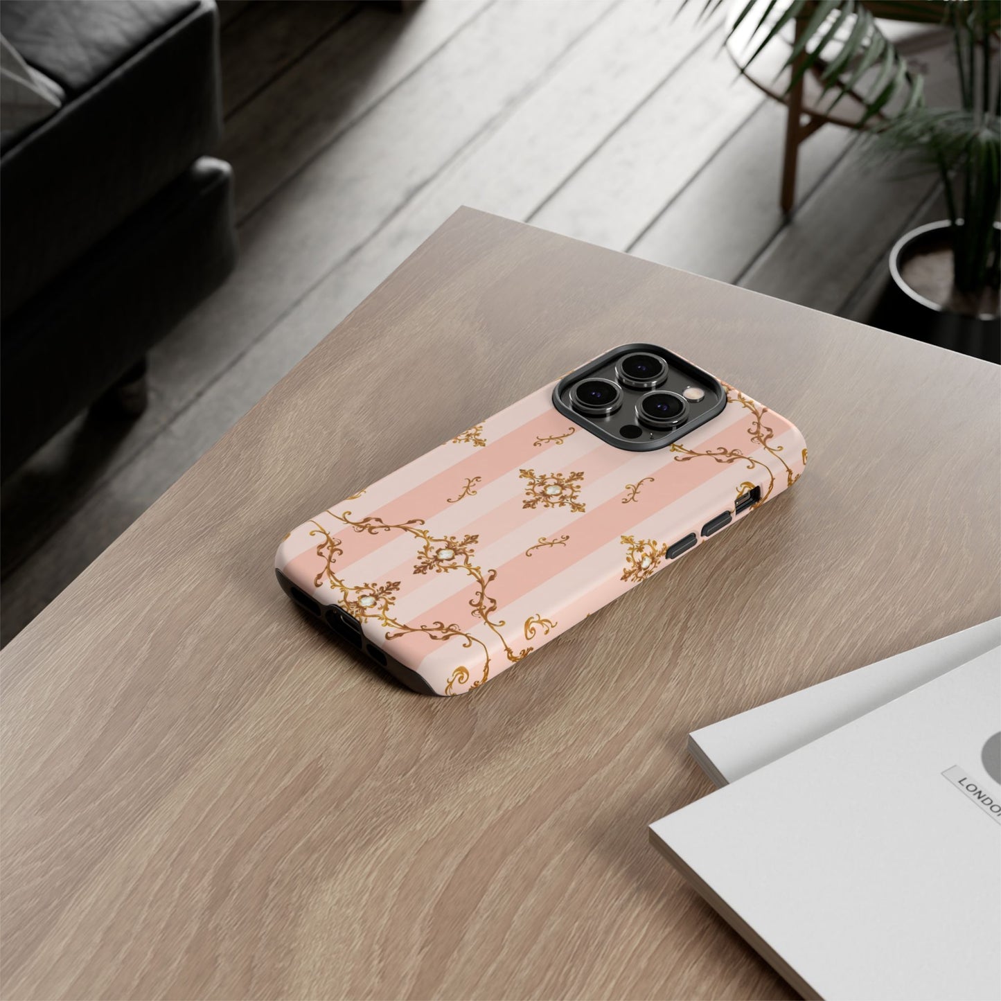 Elegant Floral Phone Case, Tough Cases for Women, Trendy Phone Cover, Chic Gift - Pink Jeweled Striped Gold Baroque