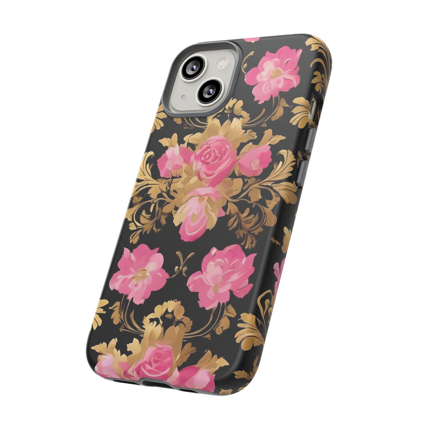 Elegant Floral Motif Phone Case - Tough Cases with Vintage Design - Pink & Gold Roses