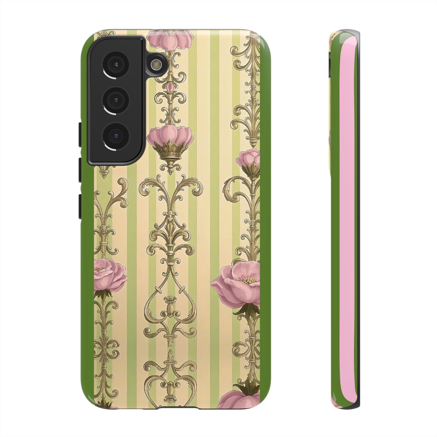 Elegant Floral Motif Phone Case - Tough Cases with Vintage Design - Lime Green & Pink Striped Damask