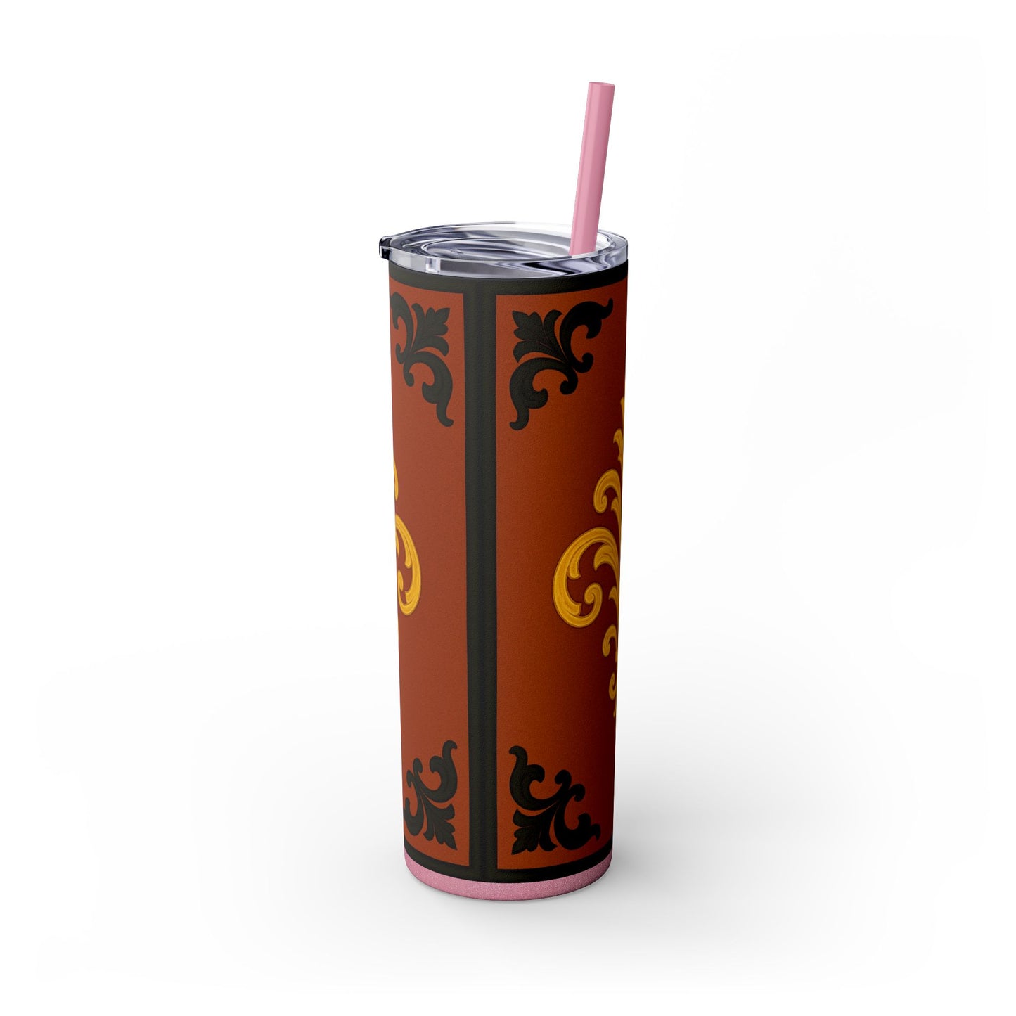 Dusk Terracotta Baroque 20oz Skinny Tumbler with Straw — Vintage Gold Baroque Design