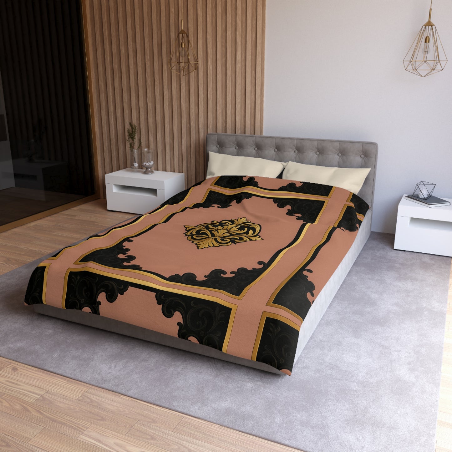Mauve & Black-Gold Elegant Baroque Microfiber Duvet Cover - Chic Bedroom Decor, Luxurious Bedding, Home Makeover, Gift for Her, Elegant Style