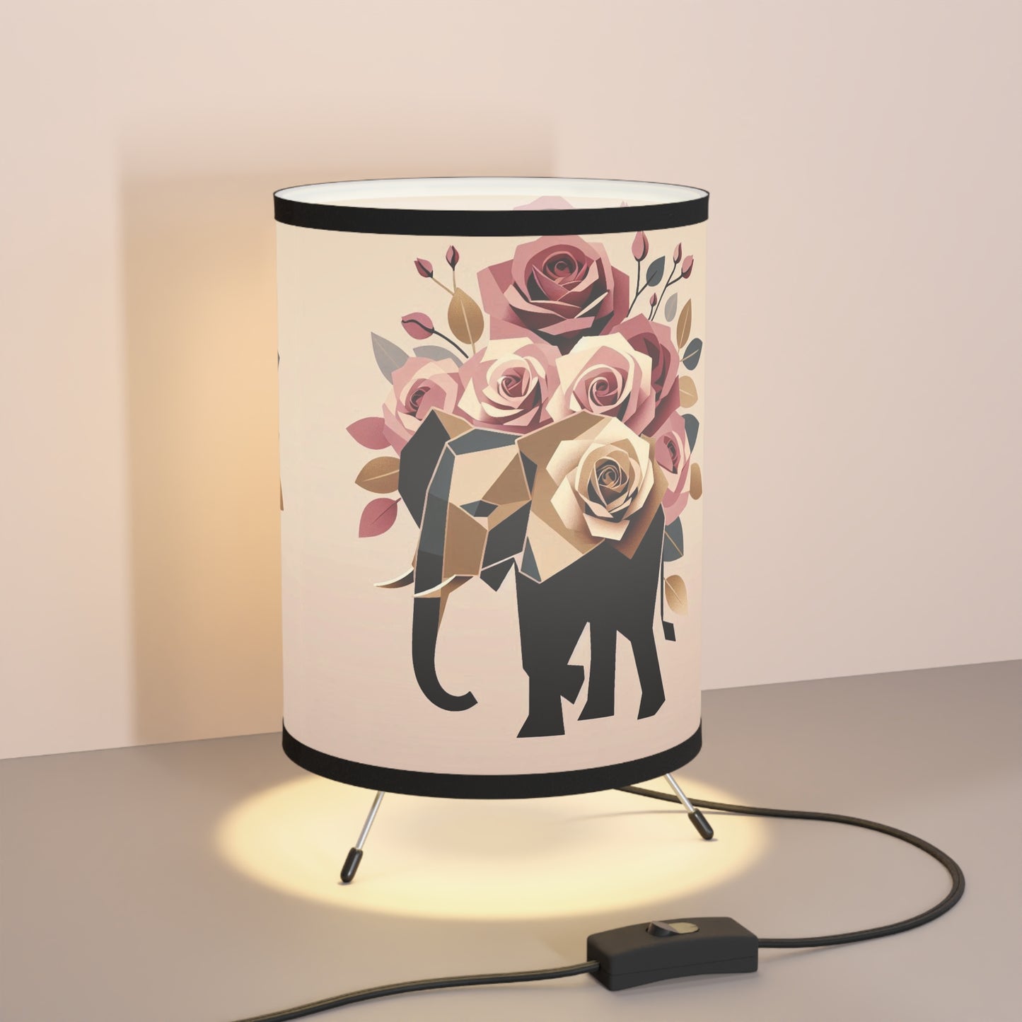 Boho Elephant Tripod Lamp with Floral Design - High-Res Printed Shade -  Black & Gold Elephant & Roses Design