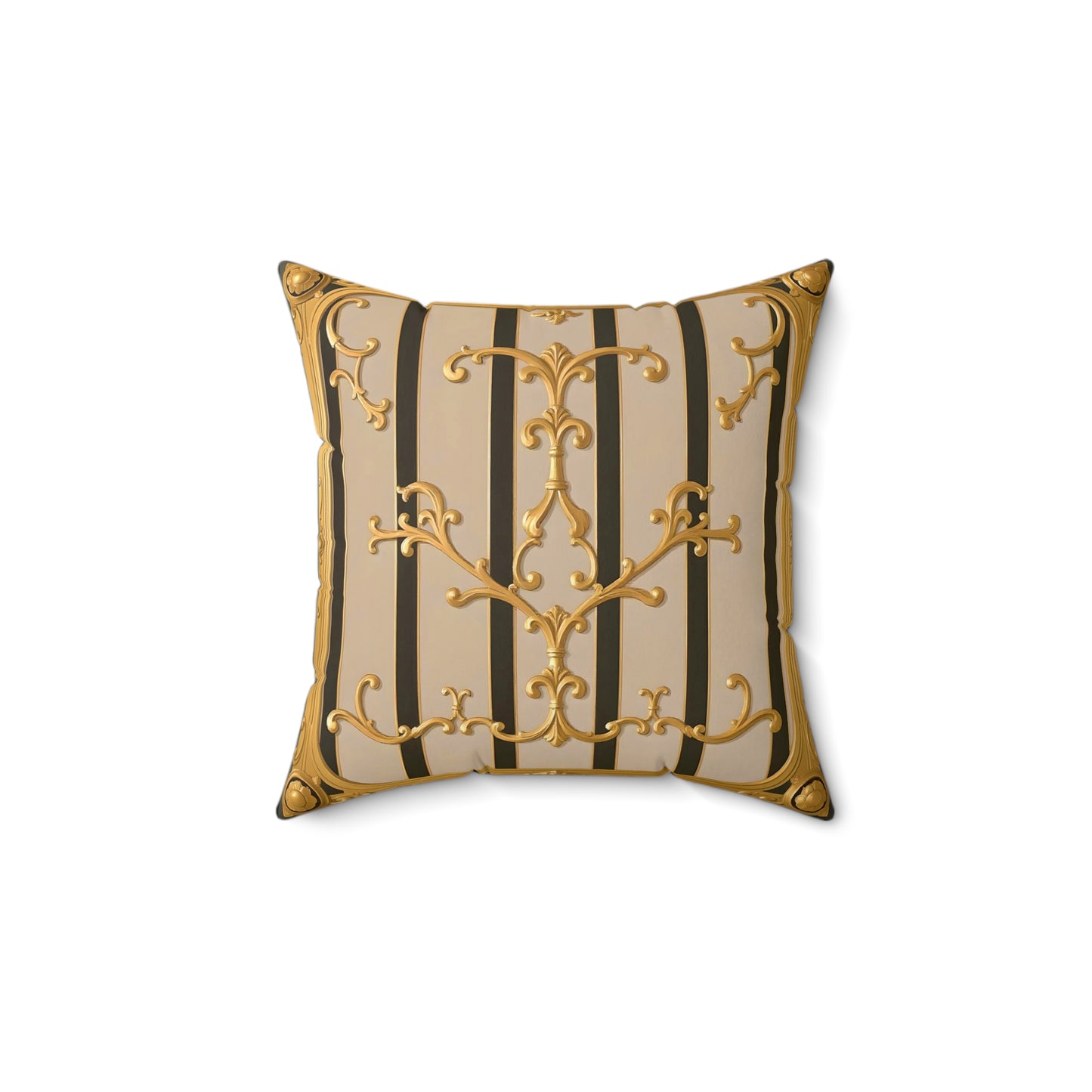 Elegant Neoclassical Square Pillow | Gold Accents, Home Decor, Gift for Him/Her, Luxury Cushion, Living Room Accent - Beige Striped Gold Rococo